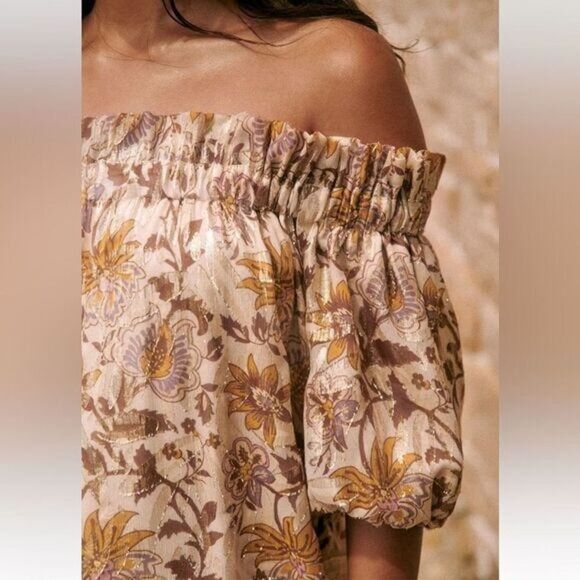 Sezane mini dress womens 40 silk miranda off the shoulder metallic lined - Picture 2 of 12